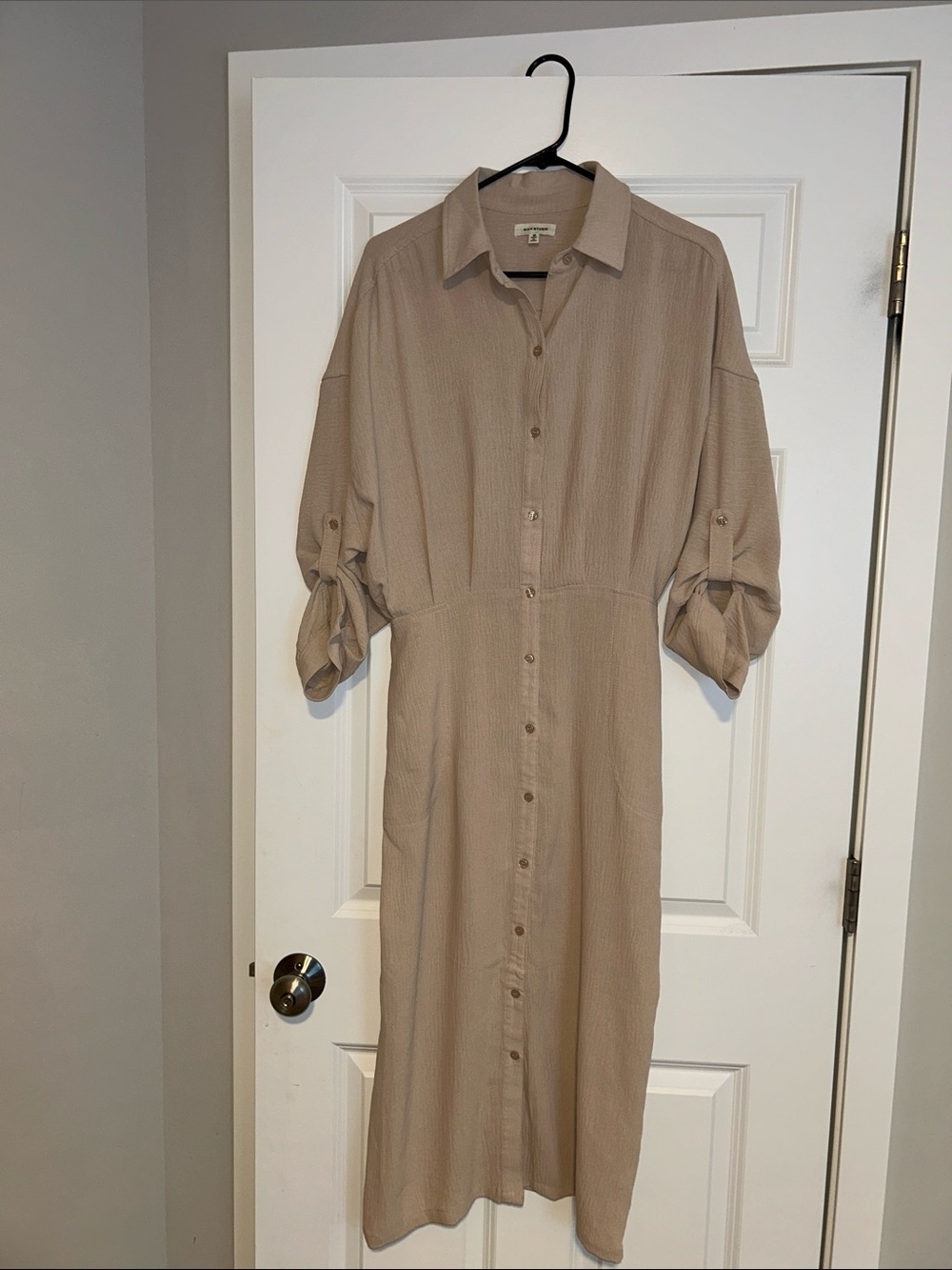 Beige Button-Front Shirt Dress with Tie Sleeves